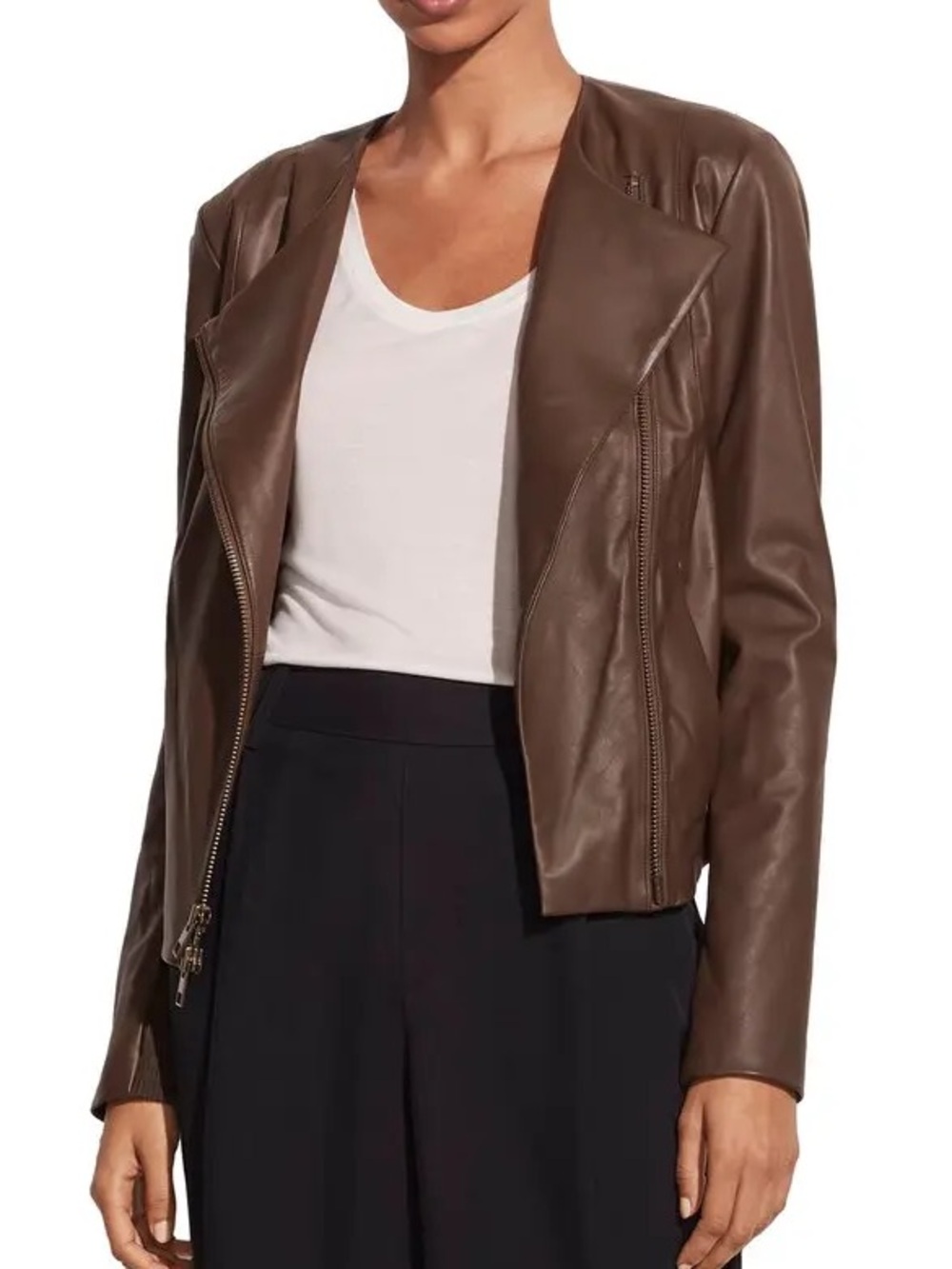 Vince Brown Leather Open-Front Moto Jacket